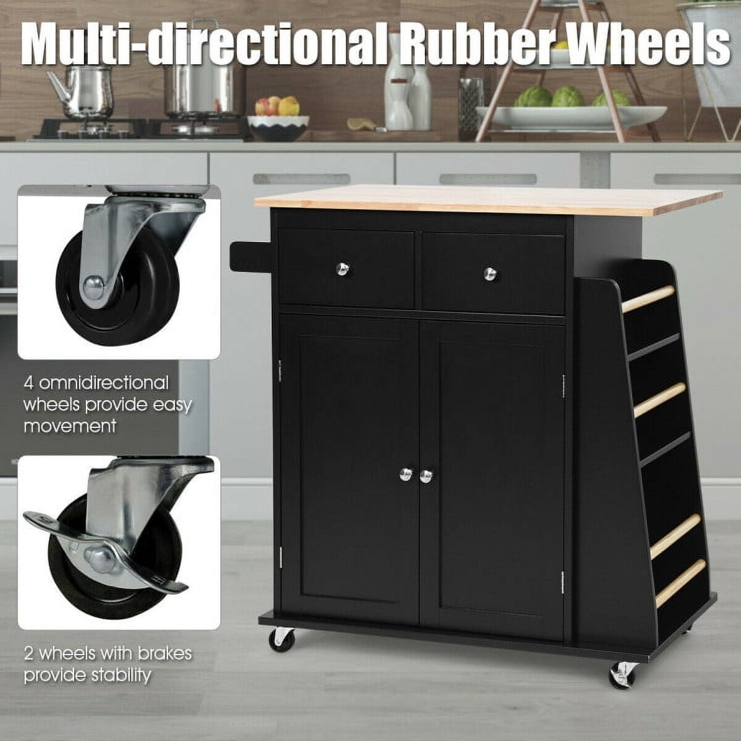 Demi Bonn Rolling Cart, Kitchen Island Cart, Rubber Wood Countertop Rolling Kitchen Island Cart, for Kitchen, Dining Room, Black