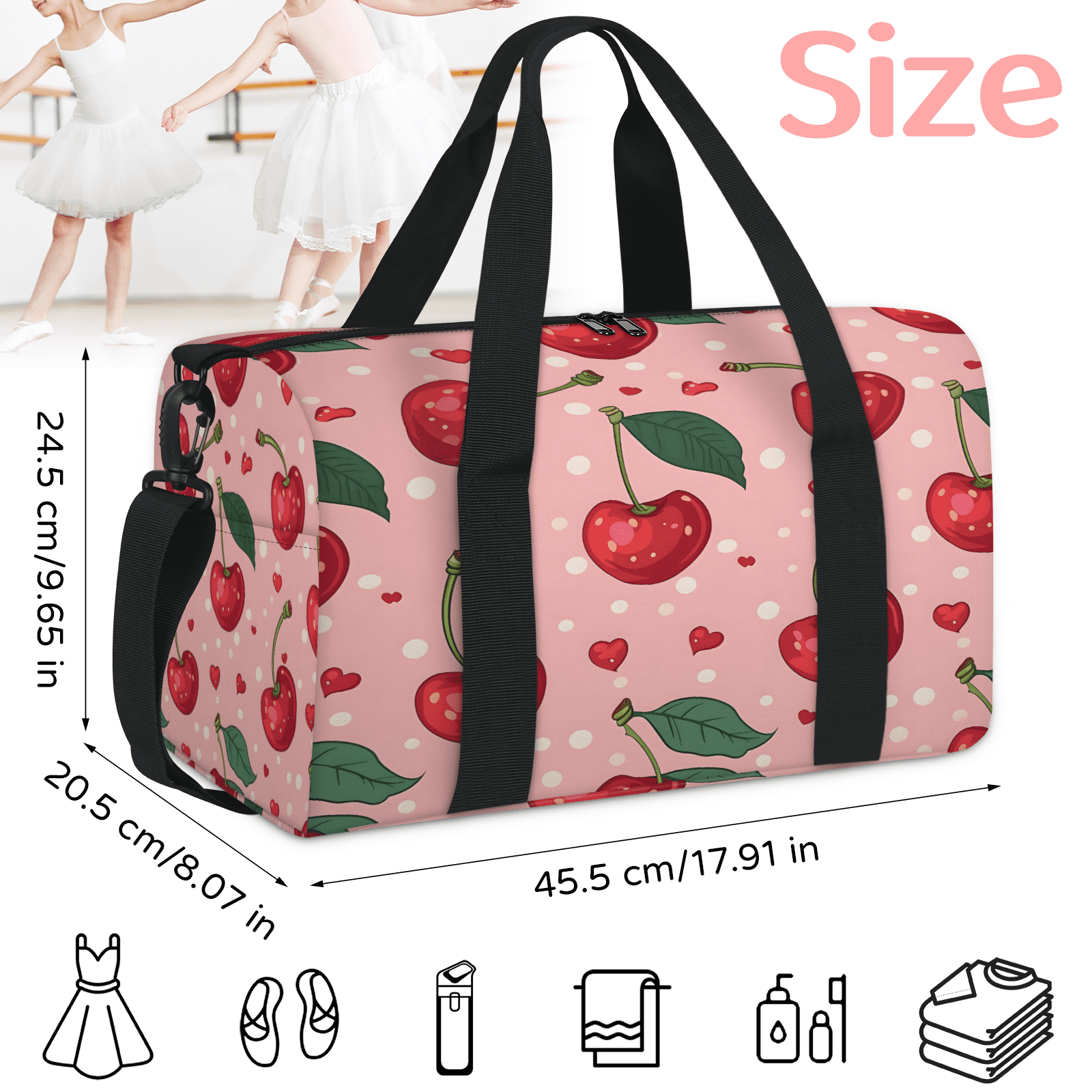 Herdesigns Cherry Travel Duffle Bag Sports Yoga Weekender Overnight Carry on Workout Bags Lightweight Waterproof Gym Tote Bag for Women