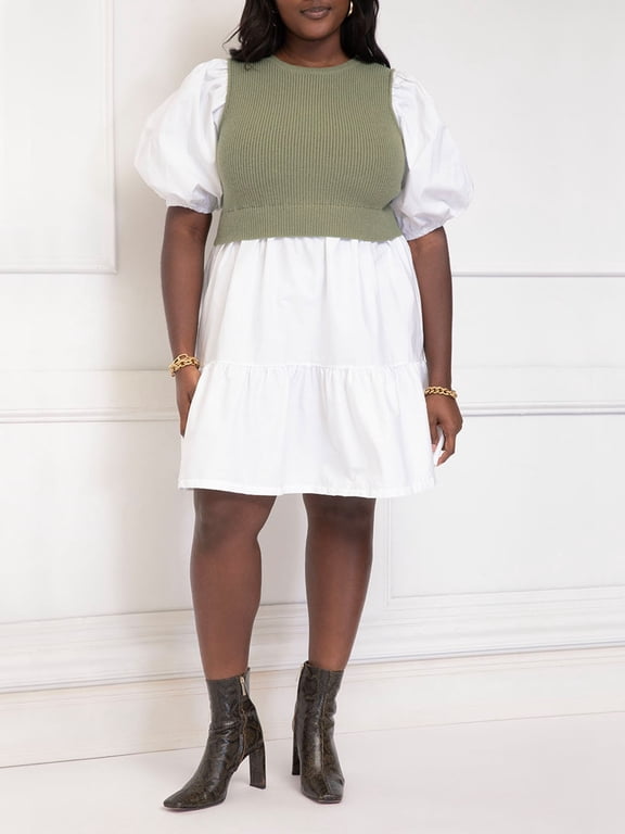 Women's Plus Twofer Poplin Dress With Sweater