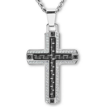 Crucible Stainless Steel Carbon Fiber with CZ Cross Pendant