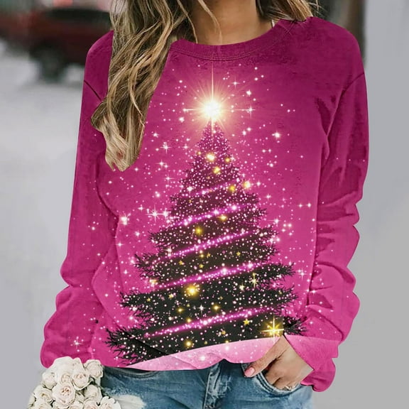 Elvqul Christmas Shirts for Women Dressy Tops Crewneck Long Sleeve Ladies Shirts Funny