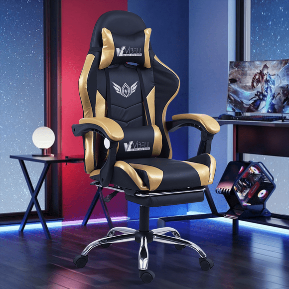Silla Gamer Reclinable Giratoria Ergonómica Masaje Lumbar Color Oro/negro Material Del Tapizado Cuero Sintético