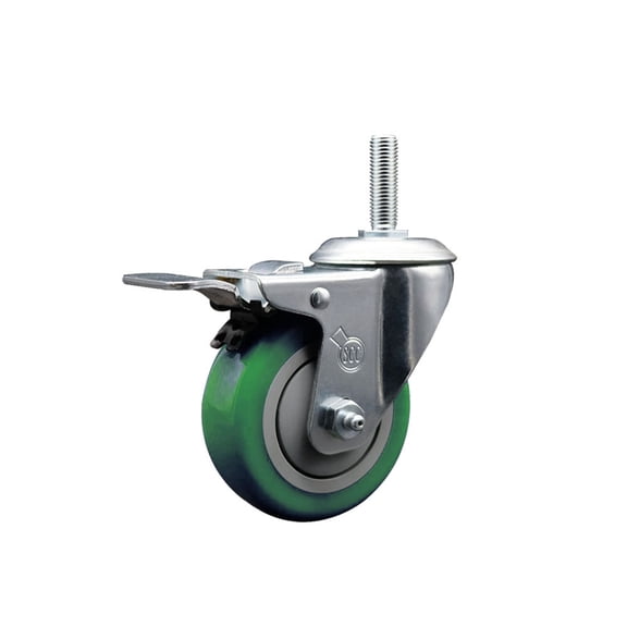 3.5 Inch Green Poly Wheel Swivel 3/4 Inch Threaded Stem Caster Total Lock Brake