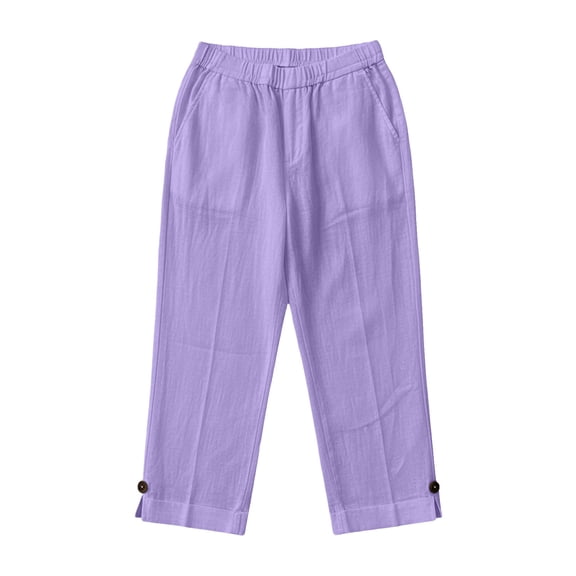 ROHUUQUE Girls Cotton Capri Pants Button Slit Hem Drawstring Elastic Waist Casual Solid Bottoms with Pockets 7/8