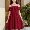 thumbnail image 2 of Girls Off Shoulder Ruffle Dress Wine Red Party Dress for Kids 7-12 Years A-Line Elastic Waist Play Dress,Size 11-12 T, 2 of 6