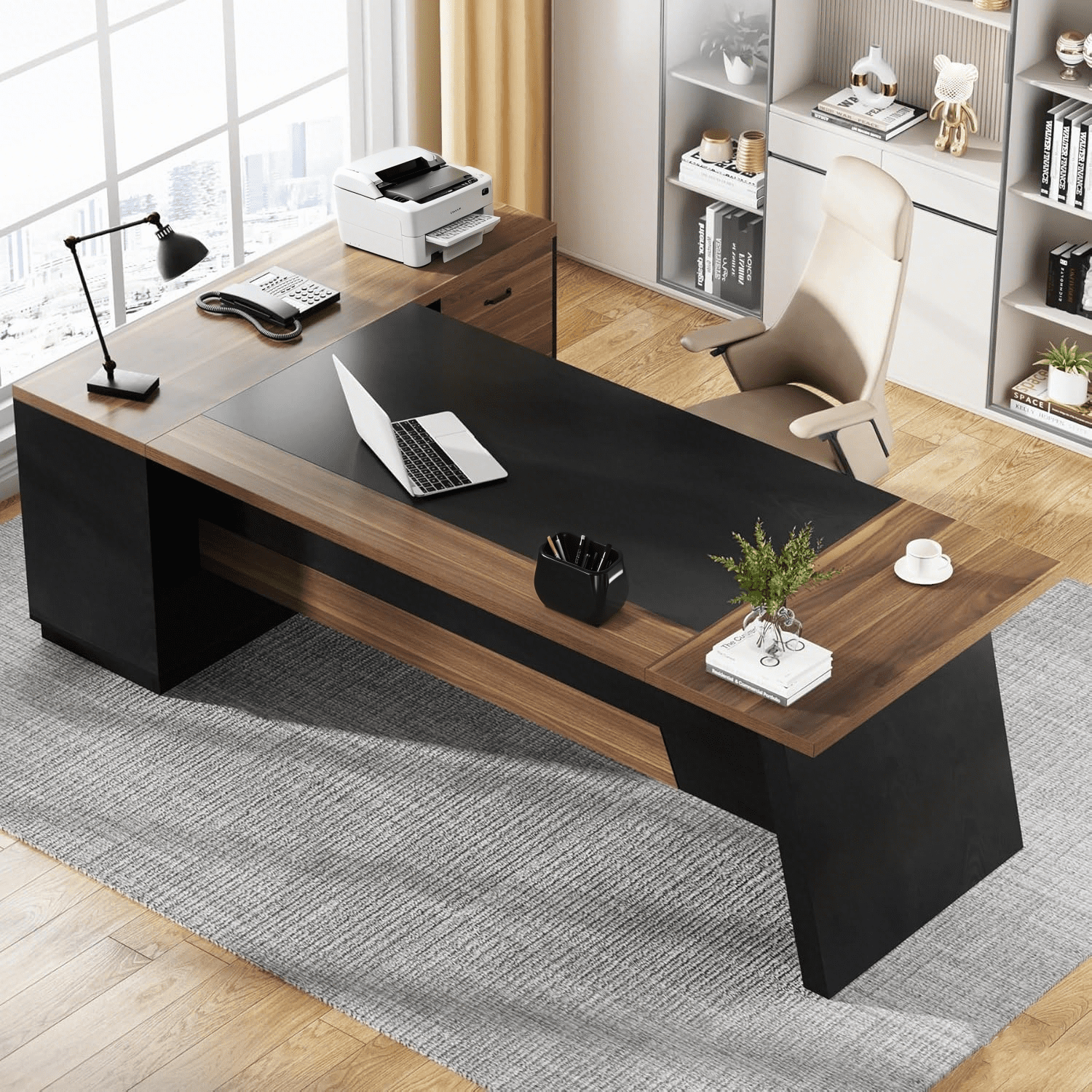 Tribesigns L-Shaped Executive Desk, 78" Modern Office Desk with Drawers and Lateral File Cabinet, Workstation for Home Office (Light Walnut + Black)