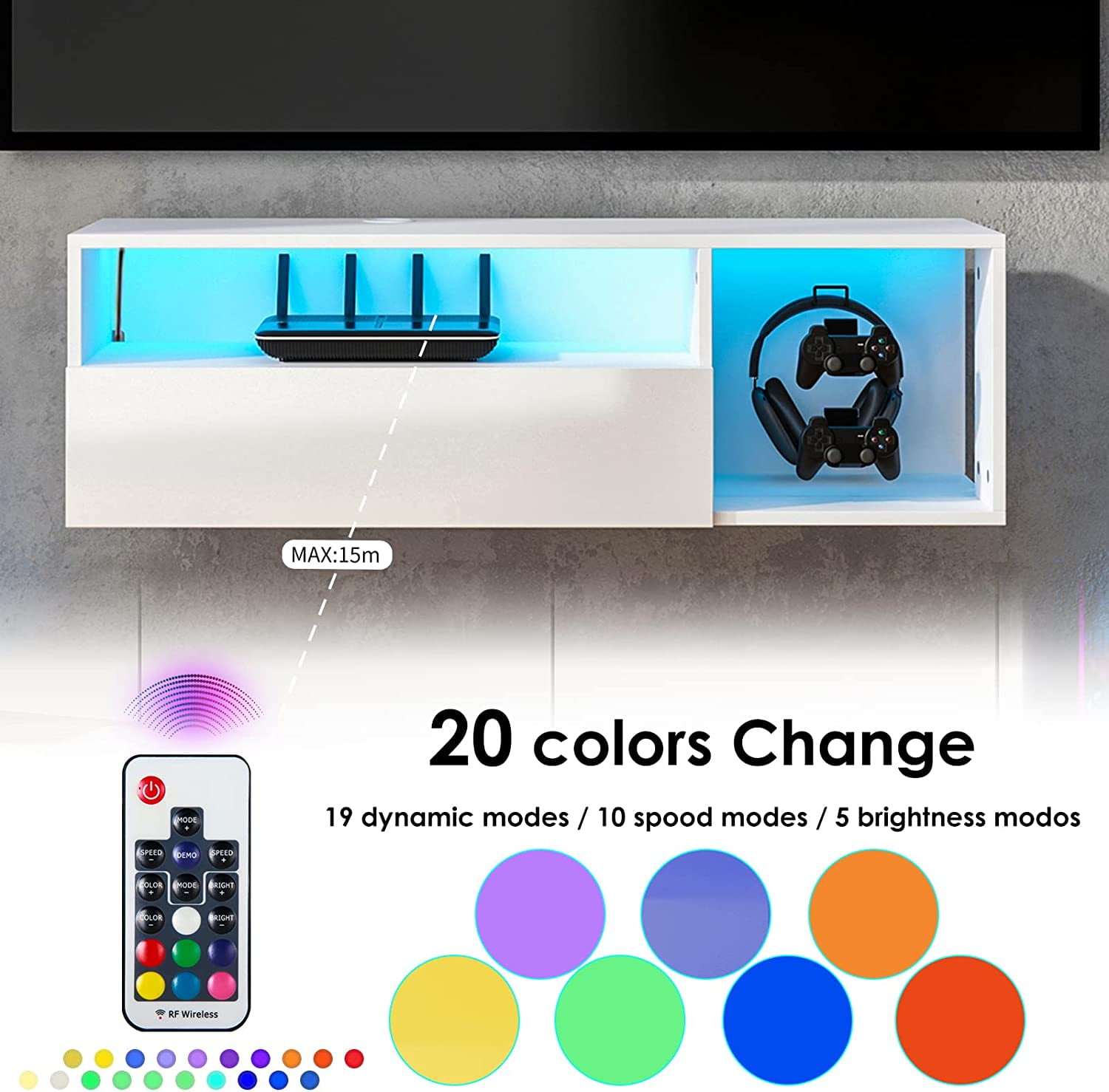 SogesPower 39.3 inches Length Floating TV Stand with Lights,Floating Entertainment Center, Suitable for Maximum Screen Size of 65 Inches,White