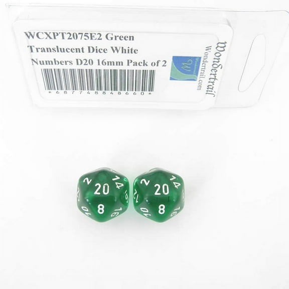 Green Translucent Dice with White Numbers D20 Aprox 16mm (5/8in) Pack of 2 Wondertrail