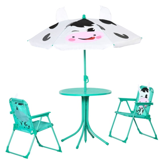 Kids Table and Chair Set, Outdoor Folding Garden Furniture, Picnic Table for Patio Backyard, with Dairy Cow Pattern, Removable & Height Adjustable Sun Umbrella, Aged 3-6 Years Old,White