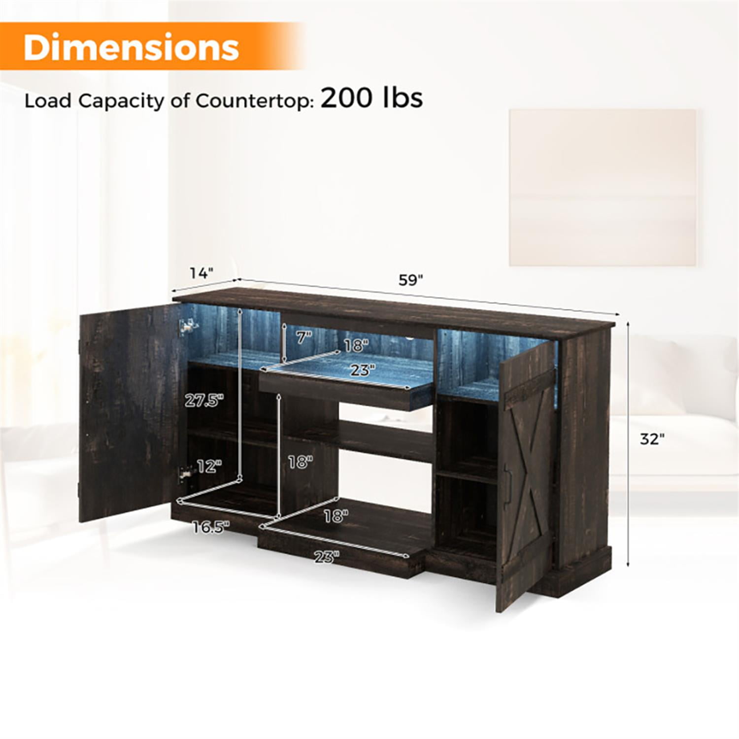 Demi Bonn TV Stand for 65" TVs, Entertainment Center with 20 Color Led Lights, Modern Media TV Console Table for Living Room Bedroom, Brown