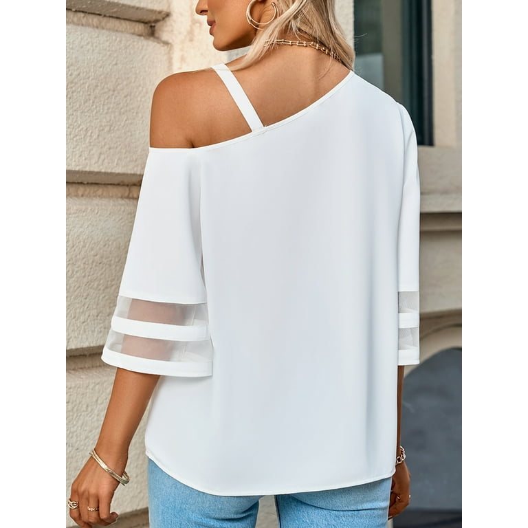 Solid Color Off-The-Shoulder Trumpet Sleeve T-Shirt