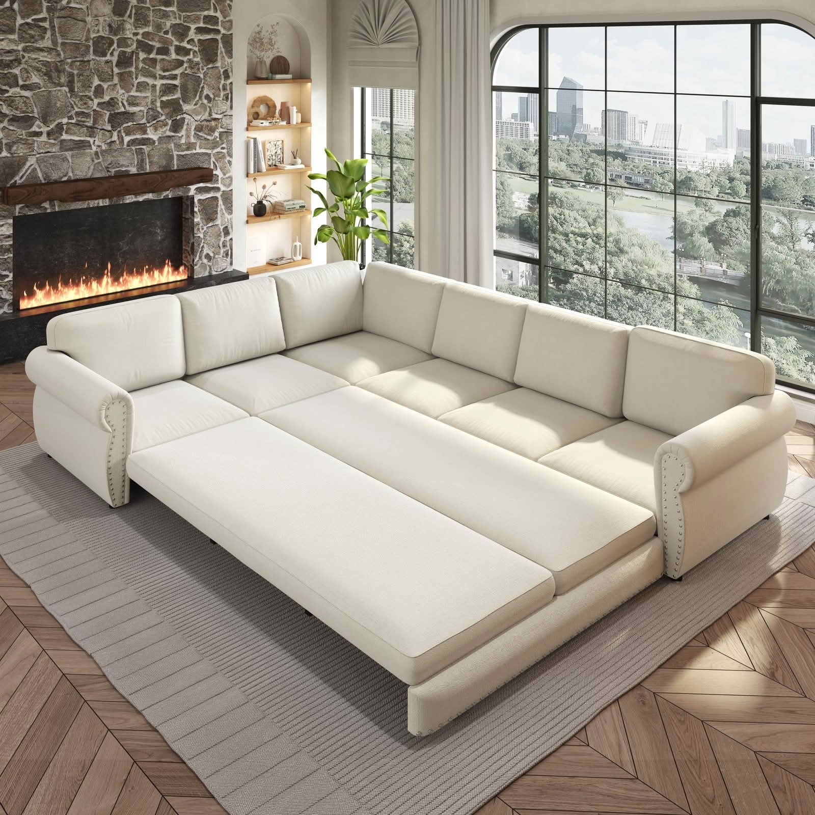 MAYEERTY 118" L‑Shaped Convertible Pull‑Out Sofa Bed, Chenille Sectional Couch with Nailhead Trim & Rolled Arms, Oversized Multifunctional Sleeper Sofa