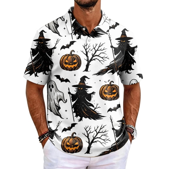 Mfakffe Halloween Men Polo Shirts Casual Short Sleeve Funny Halloween Graphic Golf Tshirts Summer Big and Tall Collared Tops Office Cotton Tees (Blue, 2XL)