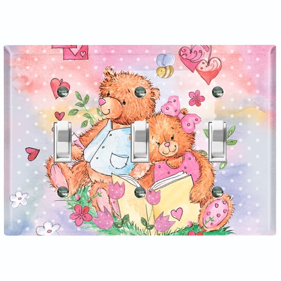 Metal Light Switch Wall Plate Outlet Cover (2 Teddy Bears Reading Flower Hearts Pink - Triple Toggle)