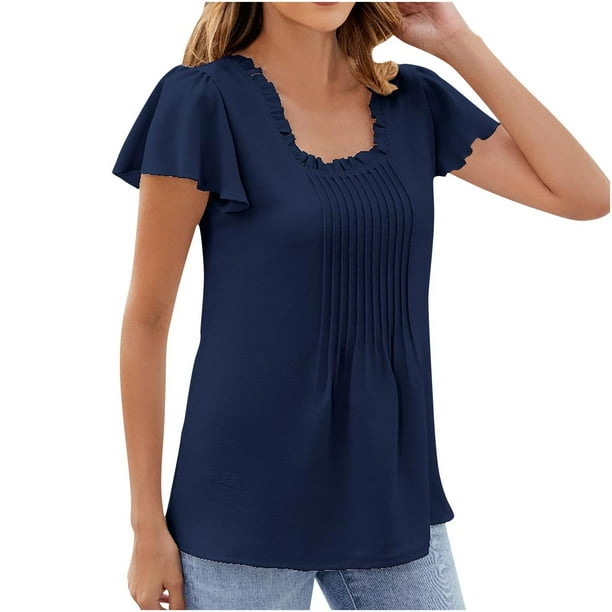Camiseta Casual de Color Sólido Plisada en el Pecho 95% Poliéster 5% Spandex, Nueva Camiseta de Manga de Encaje para el Uso Diario
