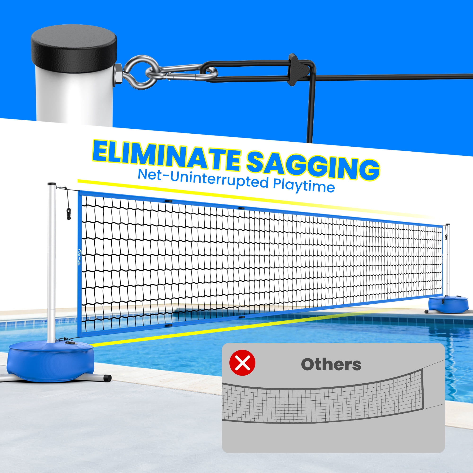 PATIASSY Pool Volleyball Net Set for Swimming Pool, Adjustable 15–30FT with Stable Weighted Base, Easy Setup Outdoor Pool Game for Family & Party Fun