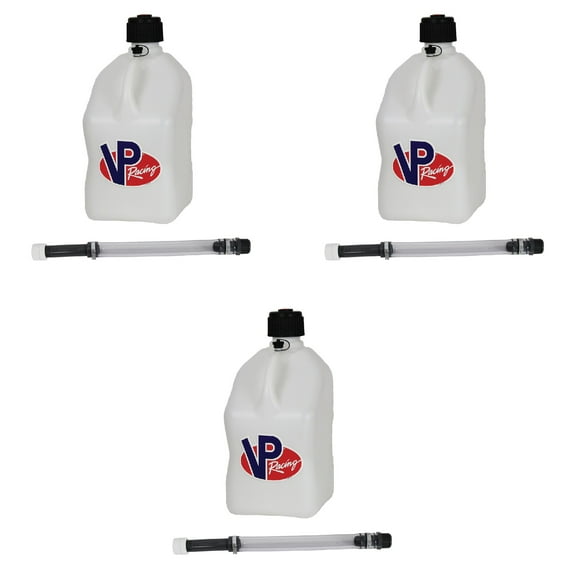 VP Racing 3522-CA 5.5-Gallon Square Motorsport Jug, White w/14 Inch Deluxe Filter Hose Close -Trimmed Cap and Neck for Tight Seal (3 Pack)