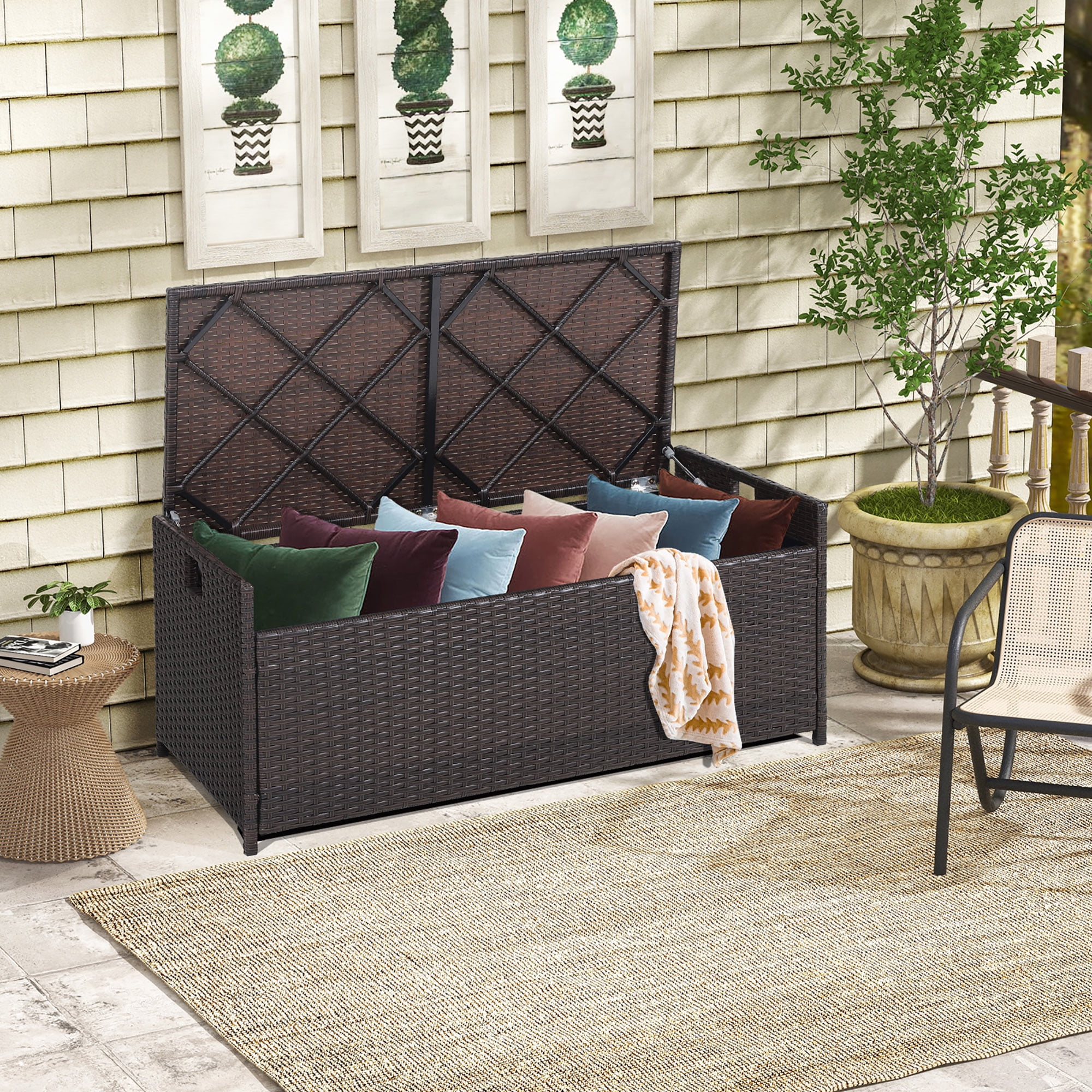 Costway 34 Gallon Patio Wicker Storage Deck Box W/Cushion Off White Backyard