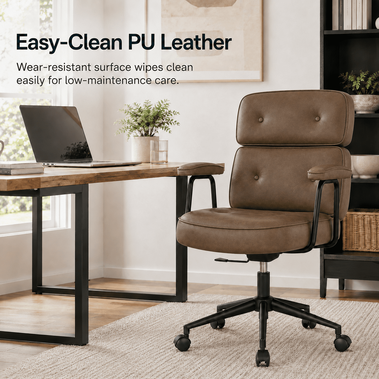 Alvantor Ergonomic Office Chair, PU Leather Computer Chair Lumbar Support, Adjustable Height, Rolling Swivel, Executive Task, Padded Armrests for Vanity, Study