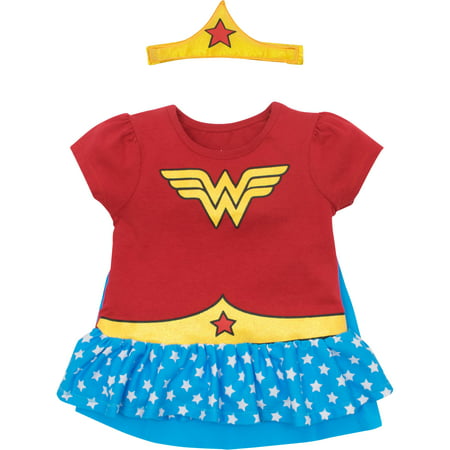 Wonder Woman Toddler Girls' Costume Ruffle Shirt with Cape and Headband, Red