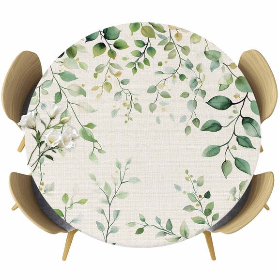 Green Eucalyptus Round Tablecloth 36-44 Inch Round Fitted Table Cloth with Elastic Edge, Country Nature Leaf Succulent Plant Waterproof Table Cover Protector for Outdoor Picnic Party Dining