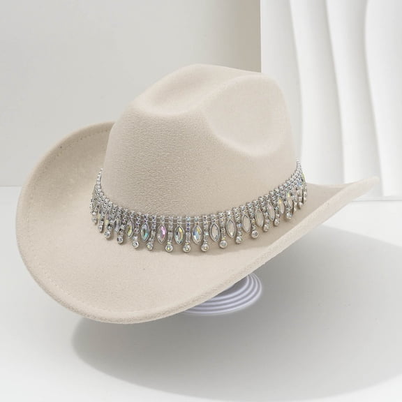 ZHOGXU Cowboy Hat For Women With Rhinestone Design Wide Brim Stylish Comfortable Caps For Country Dance Party Beige One Size