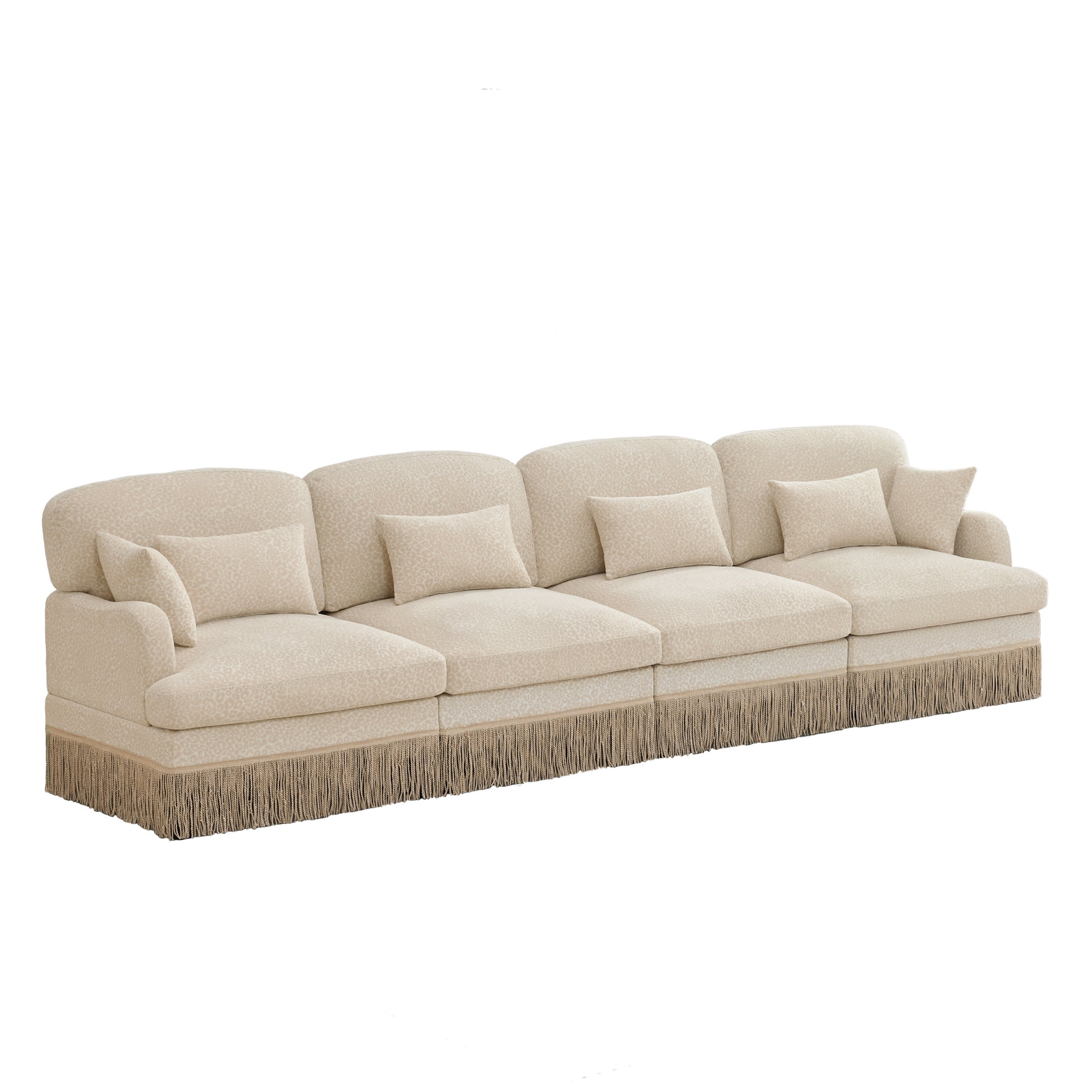 Noble House Carola Leopard Print Chenille 4-Seater Sofa, Modular Sectional Couch with Tassel Trim, Beige