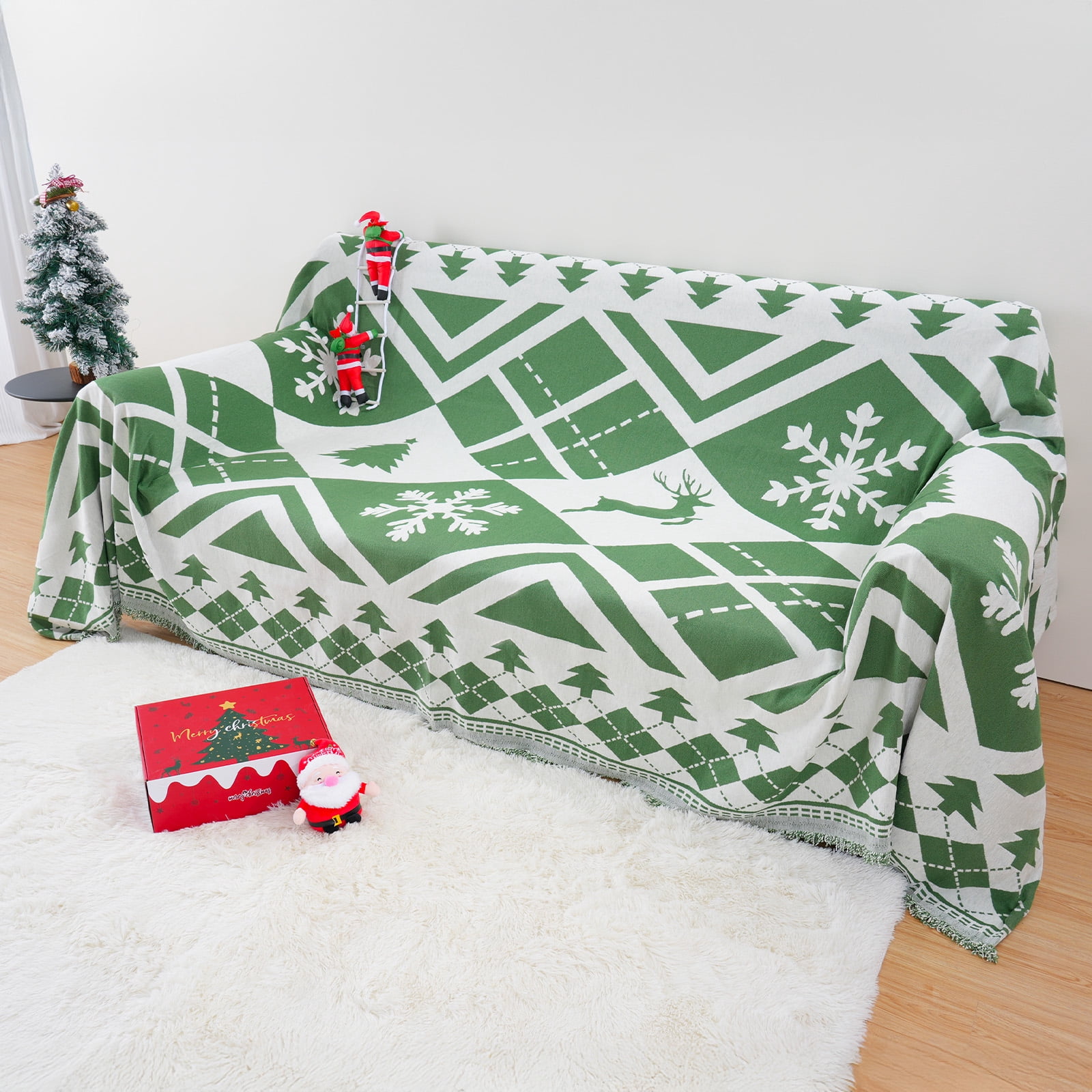 Sanmadrola Boho Sofa Cover Chenille Couch Covers Blanket Furniture Protector for Sectional Sofa, Anti Slip Couch Covers for 2 Cushion Couch, Washable Slipcover for Dog (Xmas Green, 71"x102")