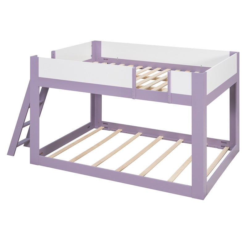 Queen-Over-Queen Low-Profile Bunk Bed with Guardrails, Wooden Kids Bed with Reversible Ladder, Accent Two-Tone Bed Frame