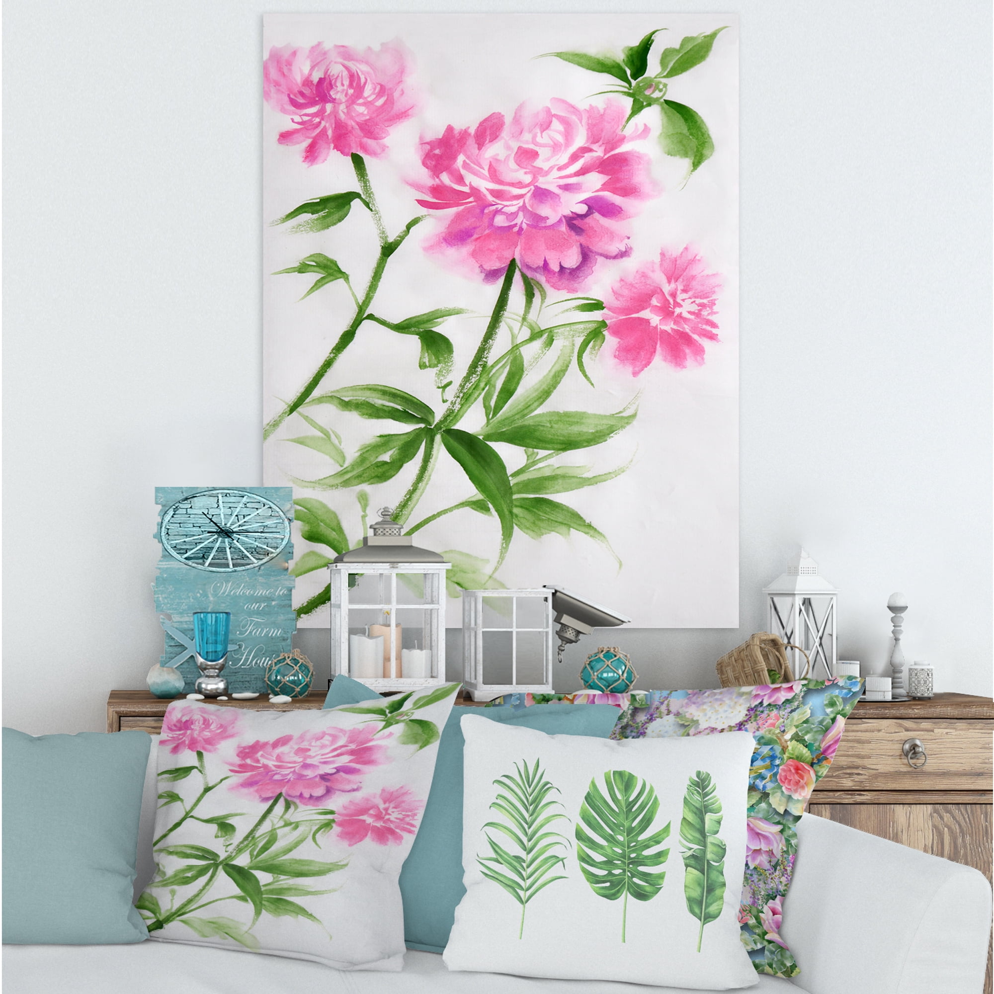 Designart ' Purple Peonies With Green Bush II ' Traditional Canvas Wall Art Print