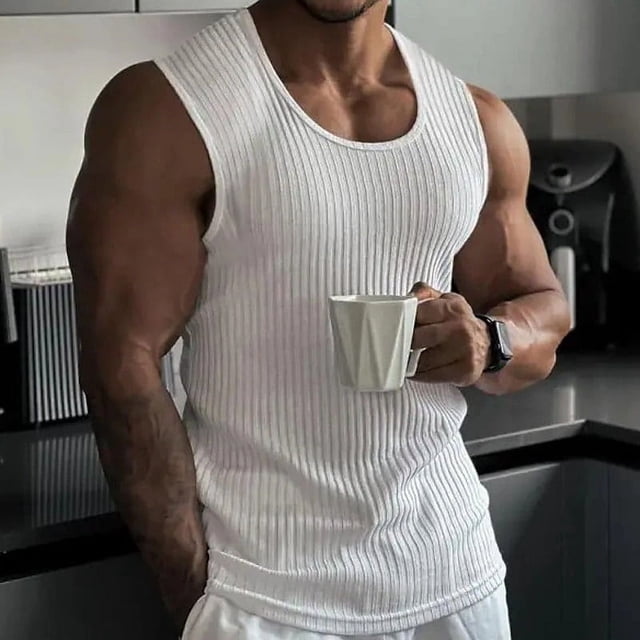 pstuiky Camisetas sin mangas para hombre, Camiseta deportiva informal ajustada a rayas de color liso con cuello redondo y sin mangas para hombre Tops elegantes para mujer m