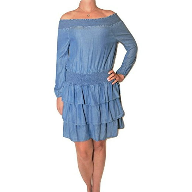 Michael Michael Kors Ruffled Off-The-Shoulder Tiered Dress, Light Cadet Wash (Medium) Blue