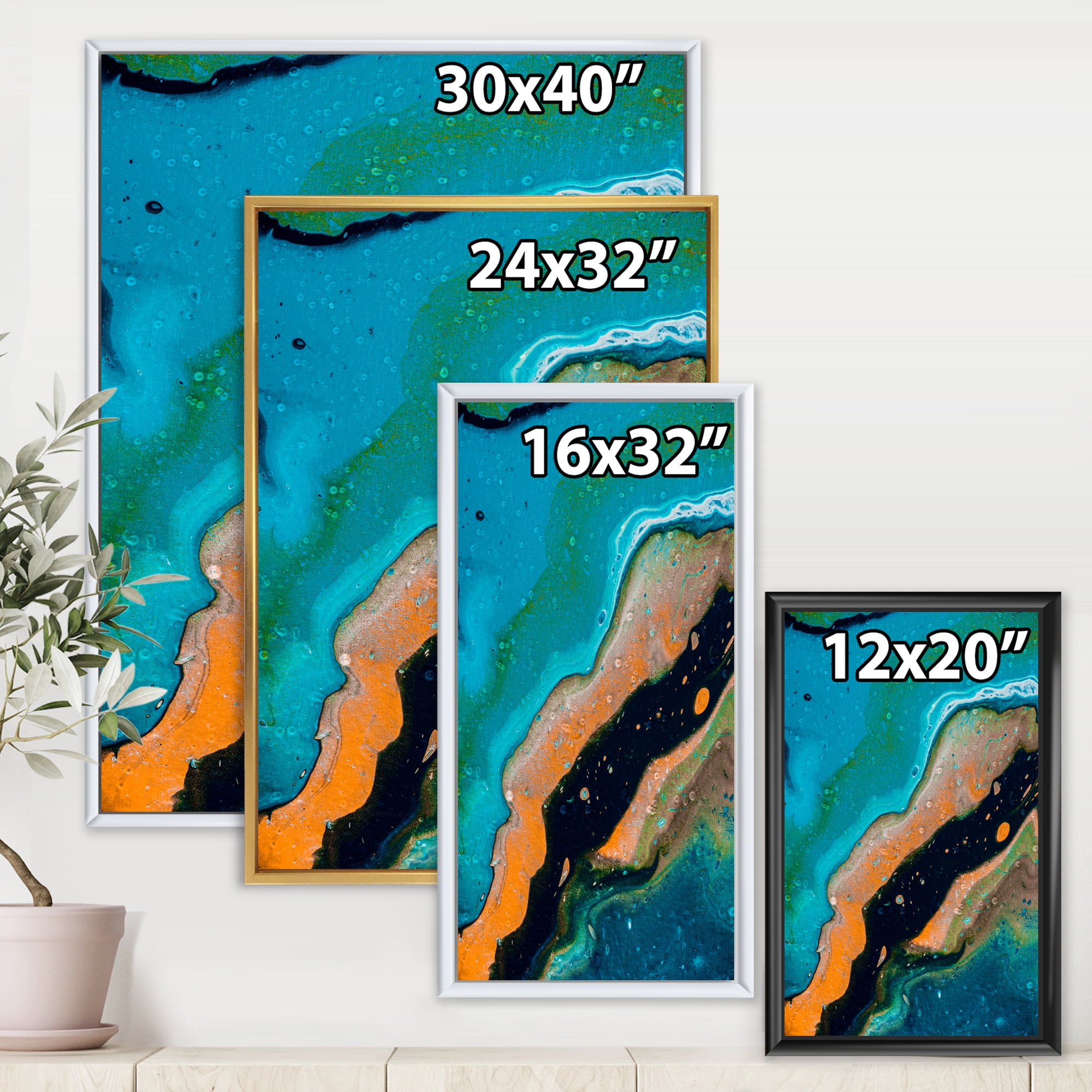 Designart 'Abstract Marble Composition In Orange and Blue II' Modern Framed Canvas Wall Art Print