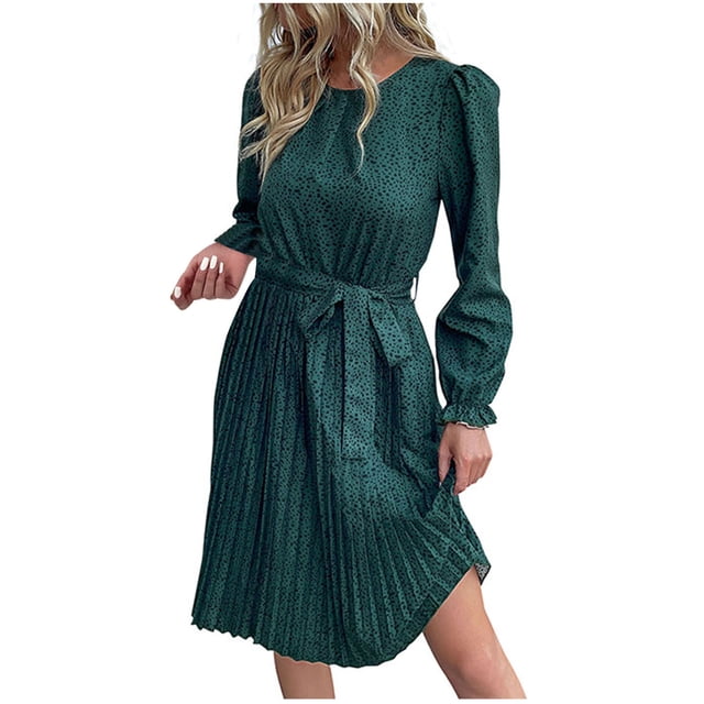 Funicet Robes d'Été pour Femmes, Robe à Manches Longues pour Femmes, Robe à Imprimé Léopard Mode à Nouer Manches Longues Col Rond Plissé, Robe à Manches Longues, Robes d'Été pour Femmes