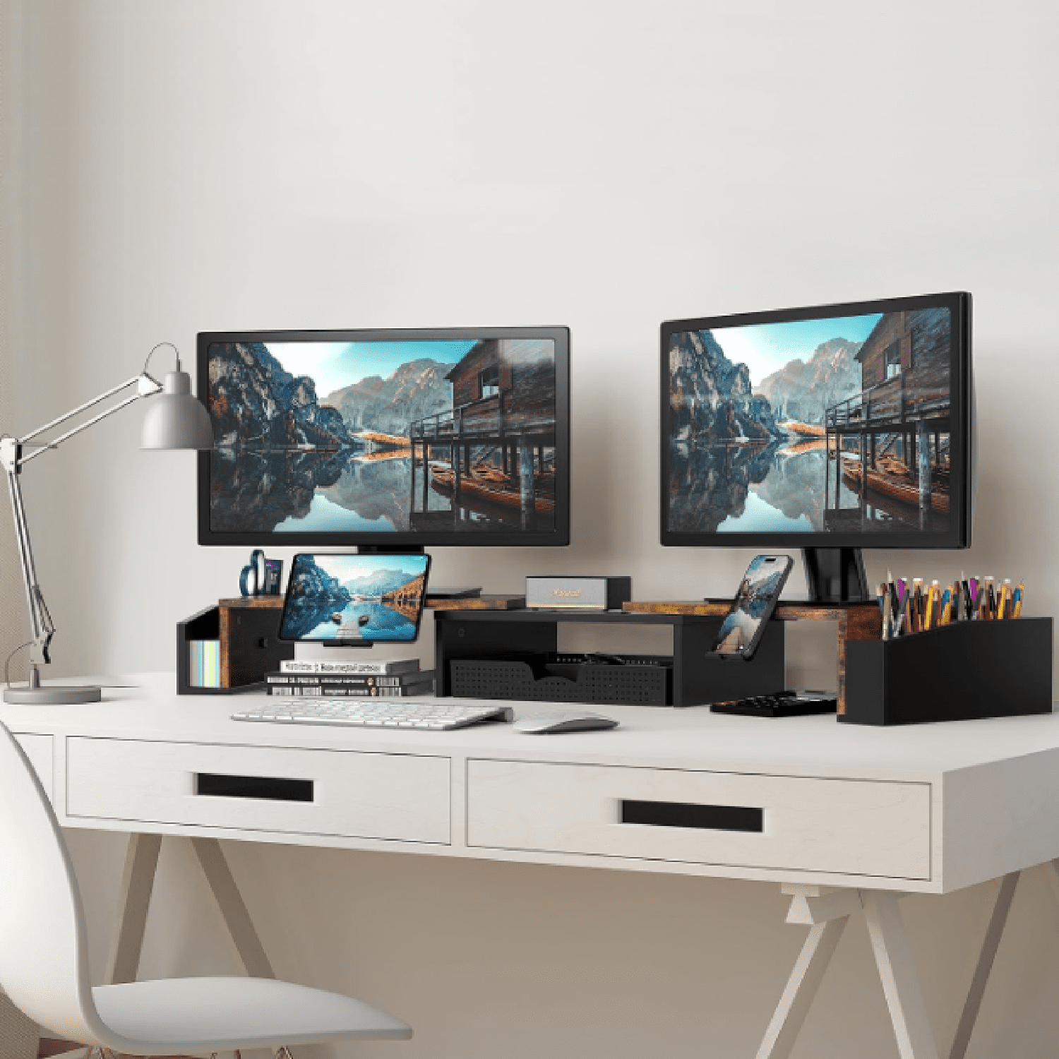 Simple Houseware Desk Dual Monitor Stand Riser with Drawer, Rustic Brown