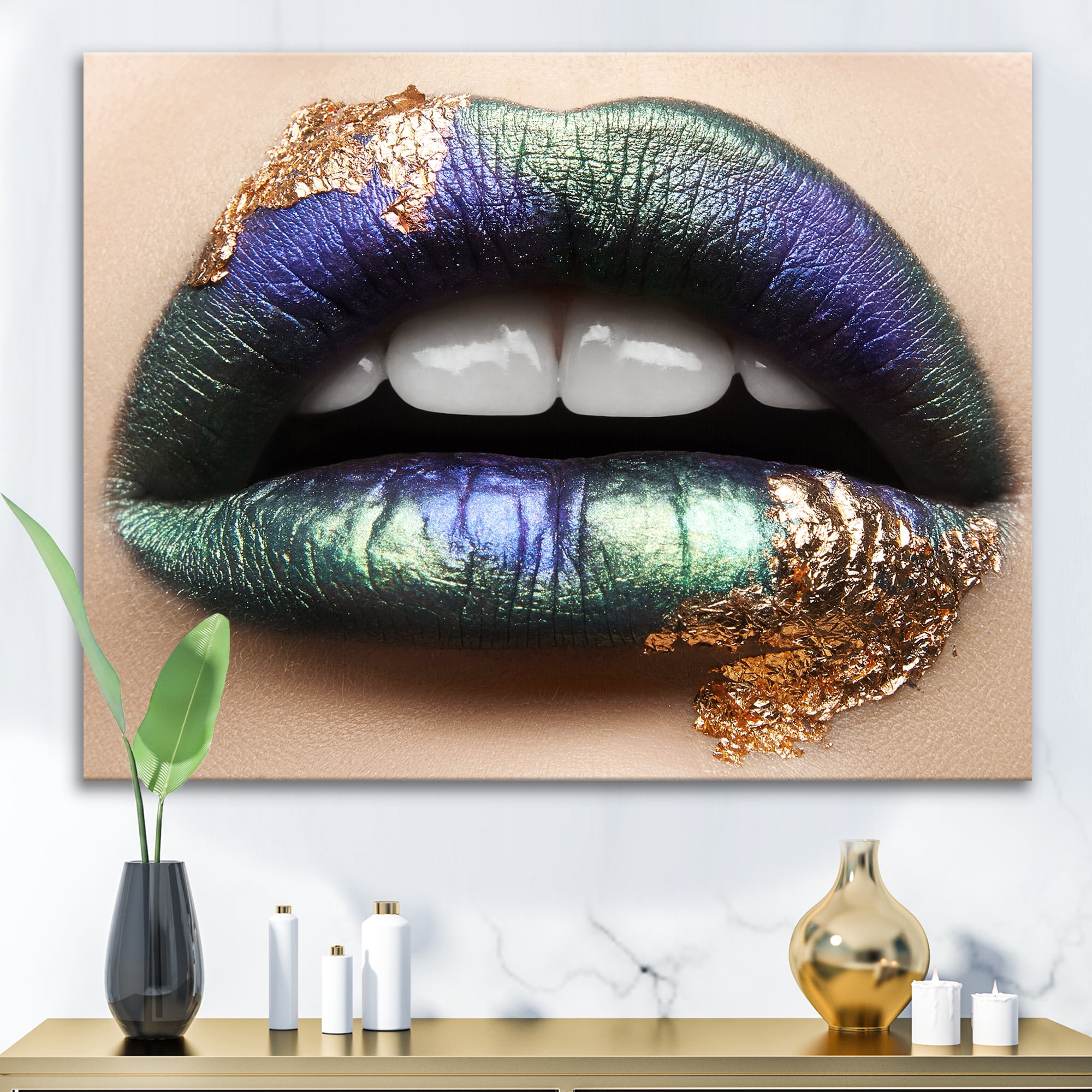 Woman Lips With Green Lipstick & Teeth 12 in x 8 in Painting Canvas Art Print, by Designart