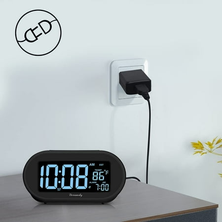 Alarm Clocks for Bedrooms, Auto Set Digital Desk Clock Bedside Nightstand, Electric with Dimmable Brightness Dimmer, DST, USB Port, Date, Temperature, Snooze