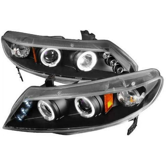 SMD LED Halo Projector Headlight In Black Housing Clear Lens Made For And Compatible With 2006 - 2011 Honda Civic Sedan 4 Dr 06 07 08 09 10 11