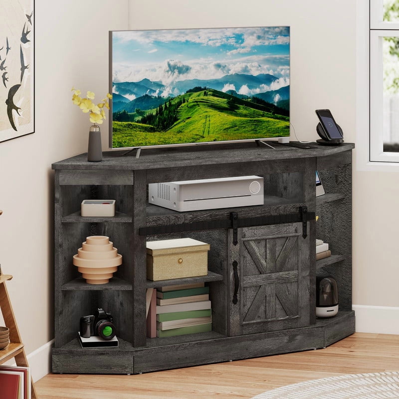 Uforic Farmhouse Corner TV Stand for 50" TV, Entertainment Center with Sliding Barn Door, Dark Gray