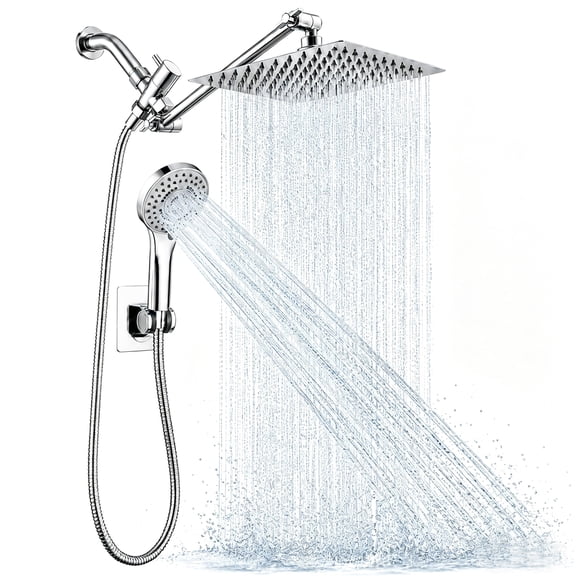 ZOWWKLLY Shower Head, 10” High Pressure Rain Shower Head with Handheld Shower Head Combo, Double & Tandem Shower Head Design, 11" Adjustable Arm, Anti-Clog Nozzles & 59" Hose (Silver)