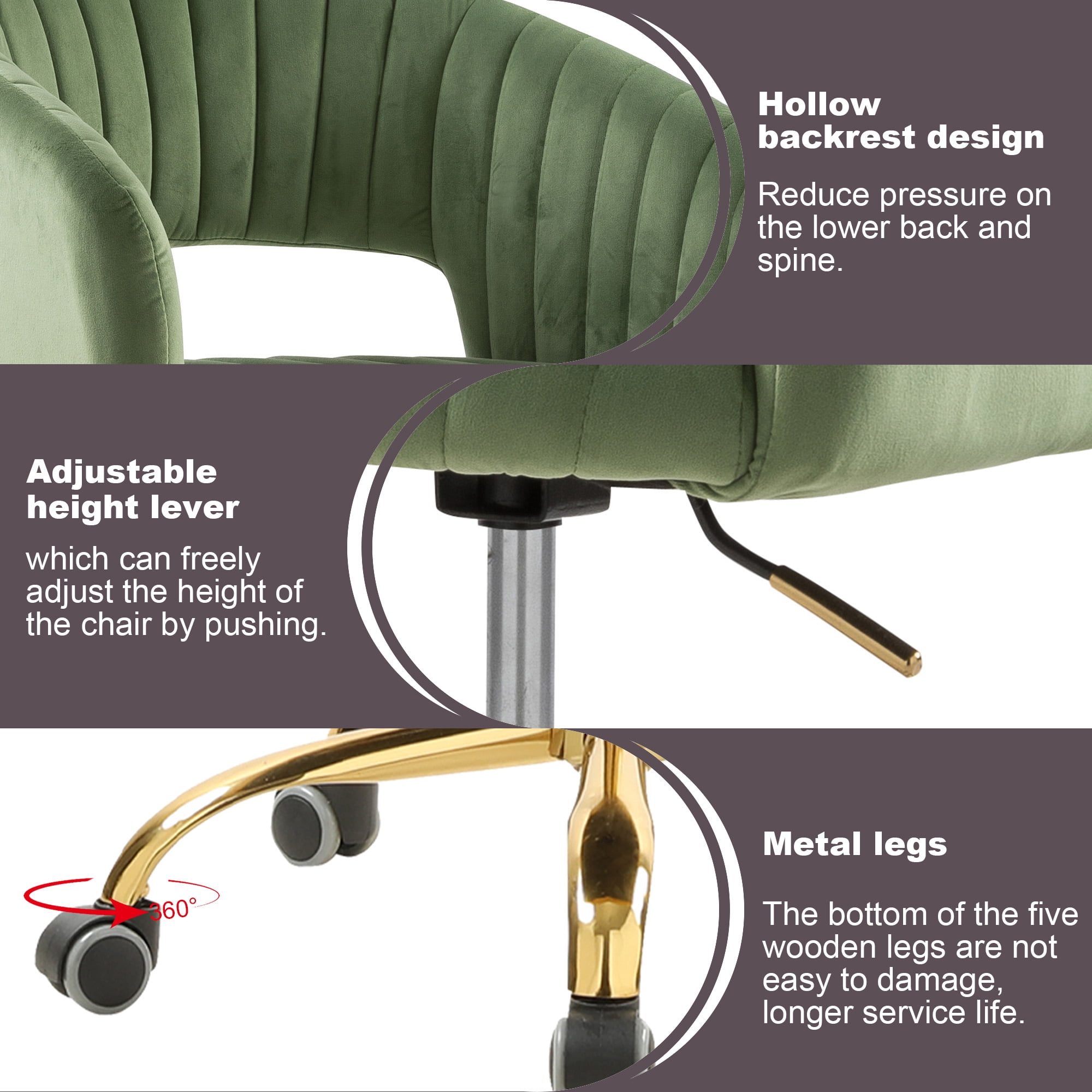 MOONMISS Velvet Upholstered 360°Swivel Adjustable Height Modern Home Office Chair with Golden Legs-Green