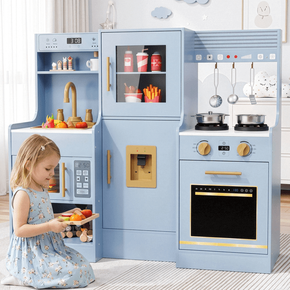 Arlopu Kids Pretend Play Kitchen Set w/ Realistic Light & Sound, Wooden Kitchen Playset Interactive Toys for Toddler w/ Sink/Stove/Water Dispenser/6-Piece Kitchenware