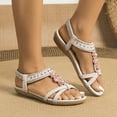 thumbnail image 4 of Rokment Women's Boho Bow Rhinestones Wedges Dress Sandals 2026 Beach Summer Ethnic Comfortable Leather Open Toe Low Heel Slingback Walking Flat Sandals Beige Size 6, 4 of 8