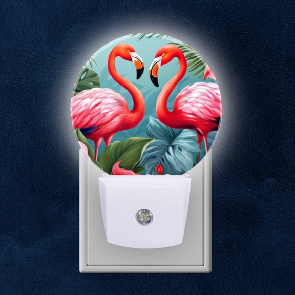 Round LED Night Lights Lamp with Dusk to Dawn Sensor, Pink Flamingos Stand Among The Leaves Of Tropical Flowers Night Light Plug Into Wall for Kids Room, Bedroom, Bathroom, Kitchen, Hallway