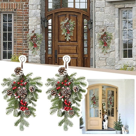

ECHOYY Ornaments Rattan Garland Red For Front Frosted Holiday Christmas Window Hanging Berries Wall Door Winter Teardrop Decoration & Hangs