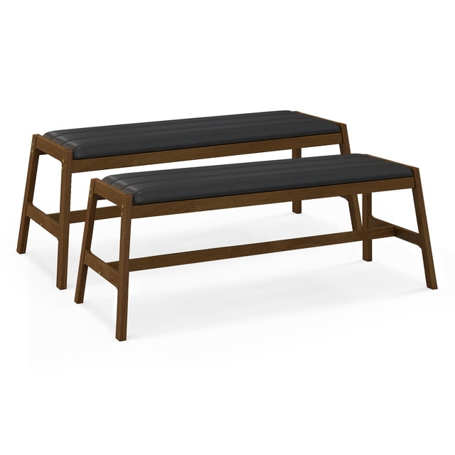 Costway 2 PCS 50" Long Solid Wood Dining Bench with Faux Leather Padded Seat Rubber Wood Frame