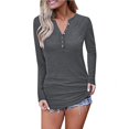 thumbnail image 3 of T-Shirt-Summer, Women's Solid Color V-Neck Pullover Button Long Sleeve,Gray, 3 of 6