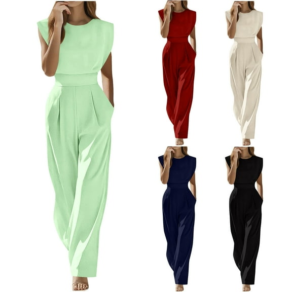 gakvbuo High Waist Wide Leg Jumpsuits with Pockets for Women Dressy crew Neck Sleeveless pleats tunic business jumpsuit straight leg Long Pants Rompers