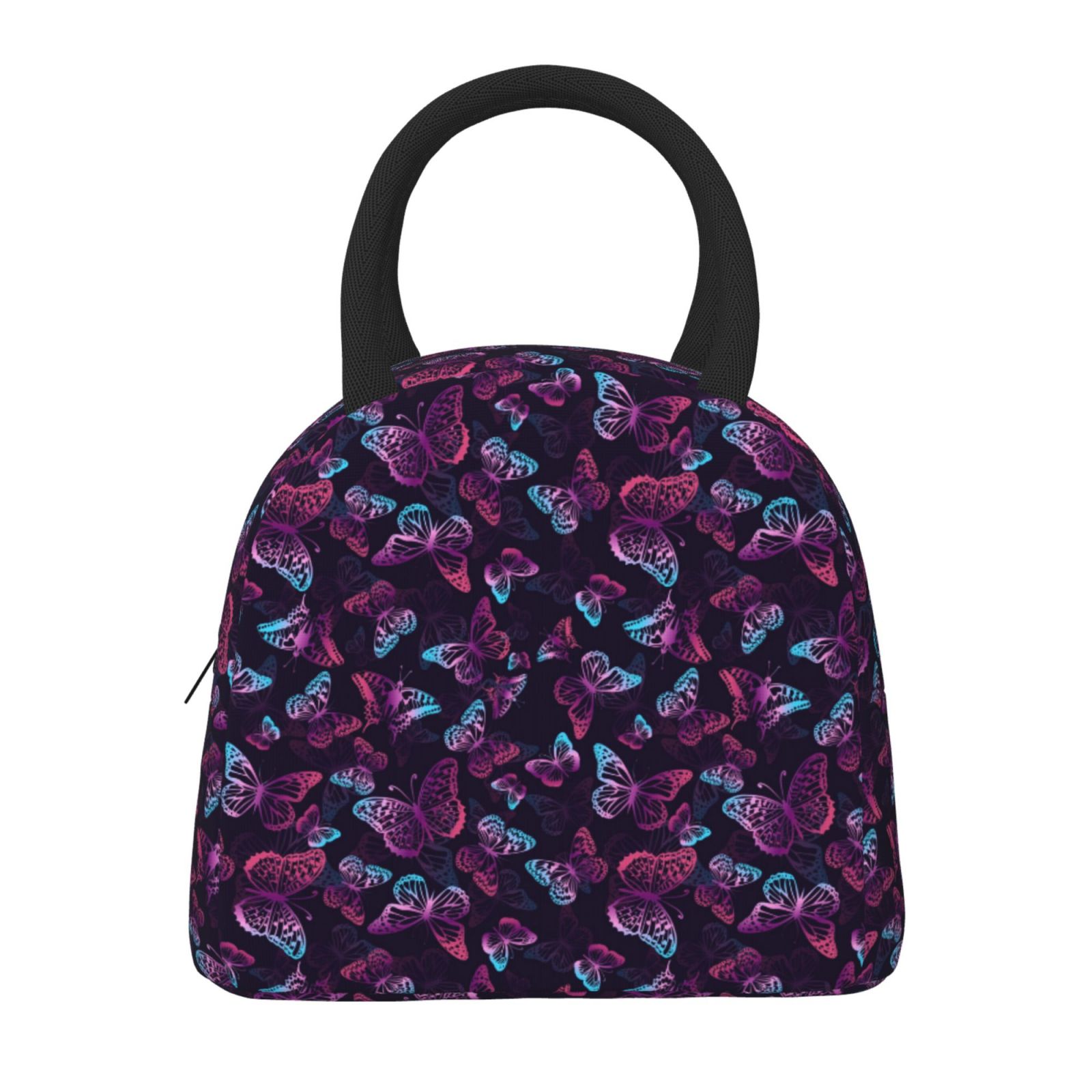 Horeoi Purple Butterfly Pattern Large Insulated Lunch Bag for Work, School, Picnic - Waterproof, Durable Oxford Cloth, Comfortable Handle-Black
