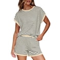 thumbnail image 2 of VBVC Women's Striped Crew Neck 2 Piece Set,Dolman Top and Elastic Waist Shorts For Women, Ladies' Soft Summer Loungewear With Pockets,Beige,S-2XL, 2 of 10